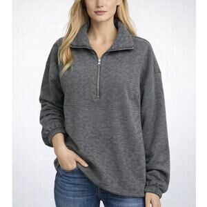 J. Crew Terry Half-Zip Pointelle Sweatshirt Gray BM325 Size L